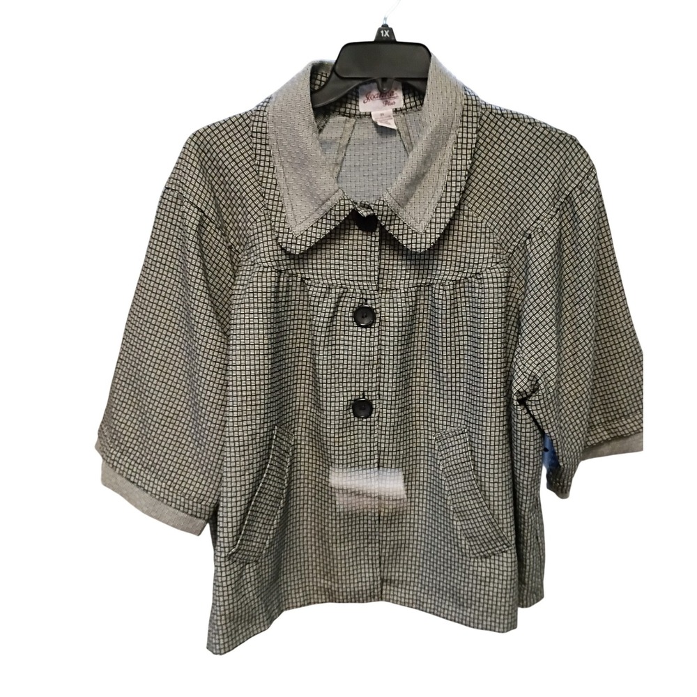 Joanna Plus Black White Geometric Basketweave Button Front Jacket 3X Plus Size